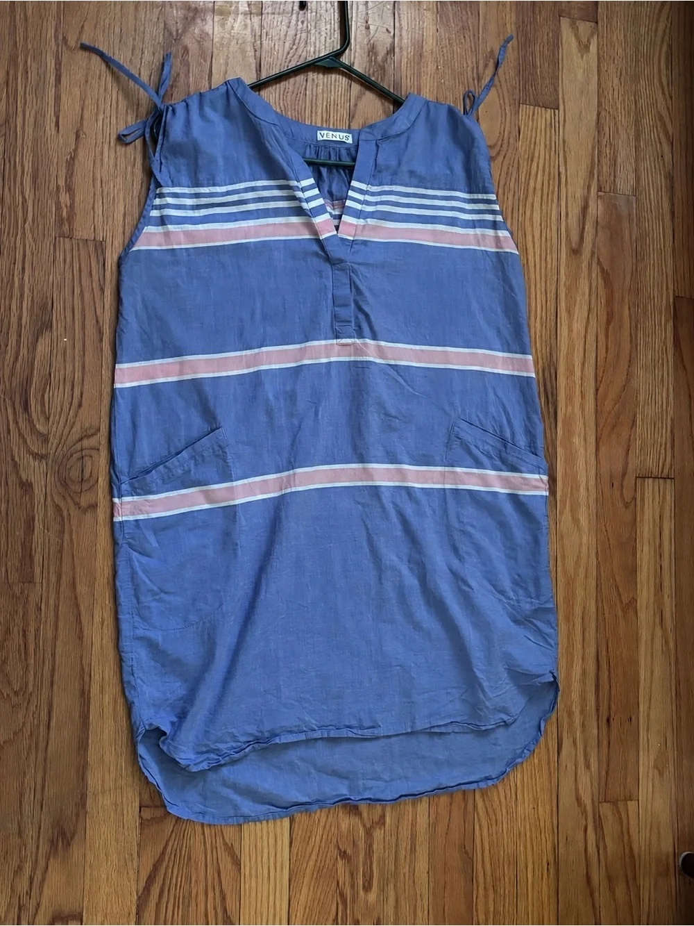 VENUS Cover Up Dress Blue 100% Cotton Tie Shoulder Sleeveless Pockets Small